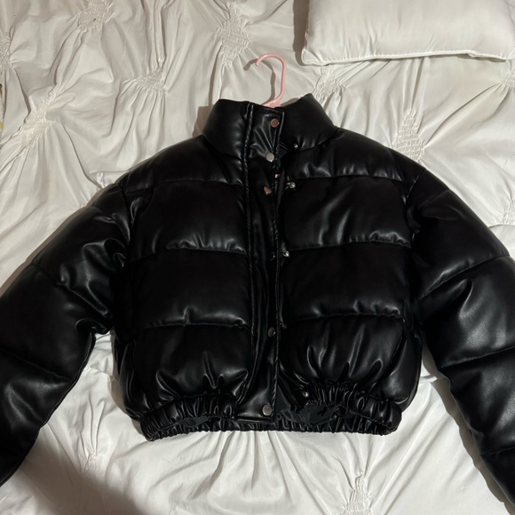 PLT Black Faux Leather Elastic Hem Bubble Puffer - Picture 4 of 5